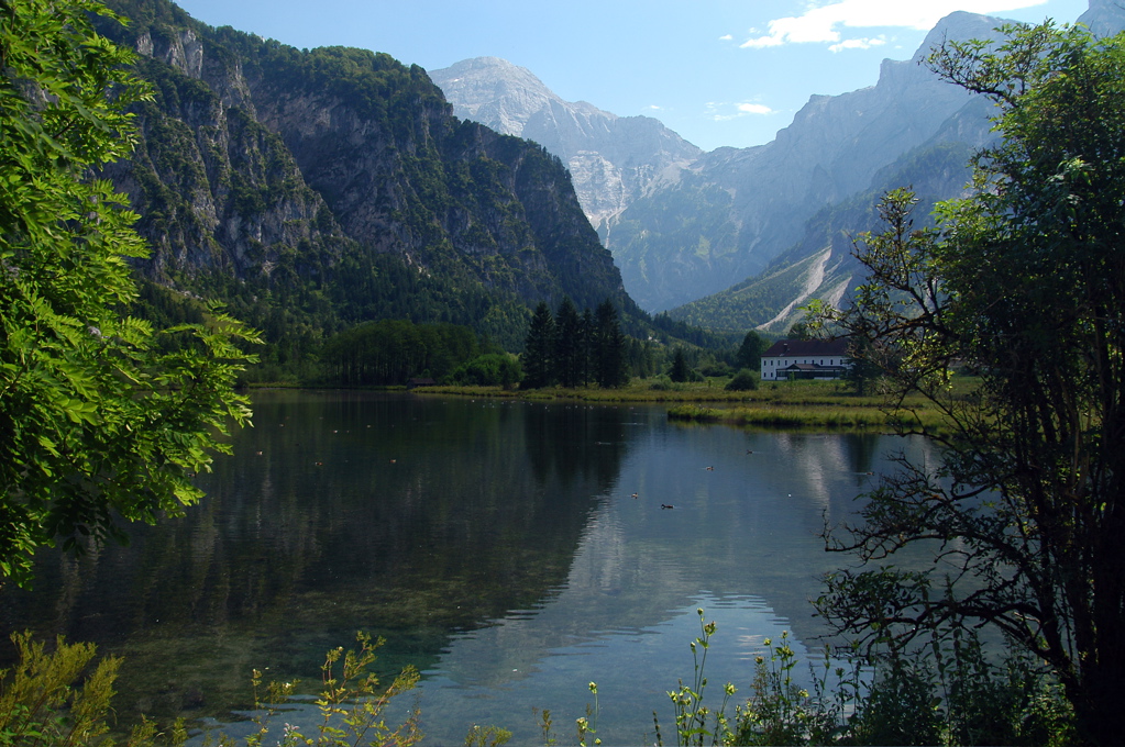 Crystal-clear Almsee mountain lake in the Salzkammergut