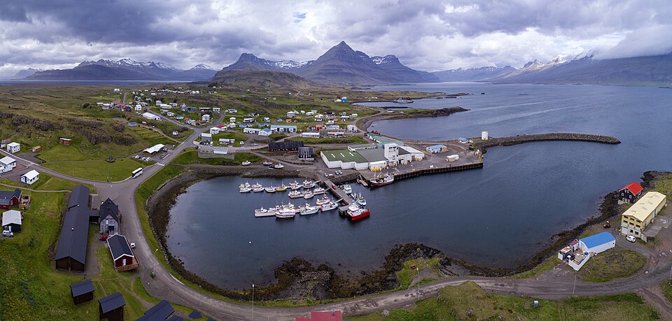 Aerial panorama of Djúpivogur harbor in Iceland's East Fjords