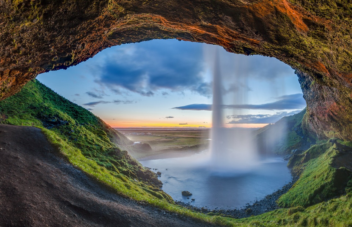 Seljalandsfoss waterfall in South Iceland viewed at golden hour