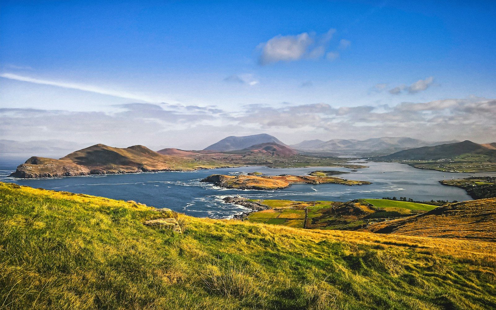 Green fields beside water under a blue sky on the Ring of Kerry