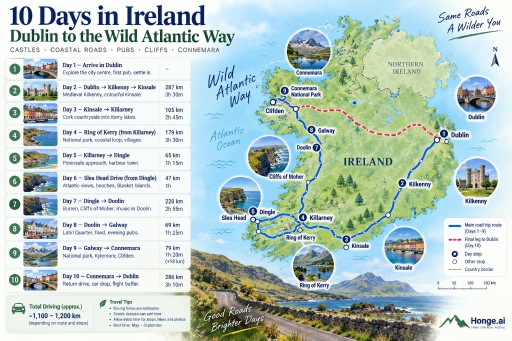 Illustrated 10-day Ireland road trip map from Dublin through Kilkenny, Kinsale, Killarney, Dingle, Doolin, Galway and Connemara, returning to Dublin