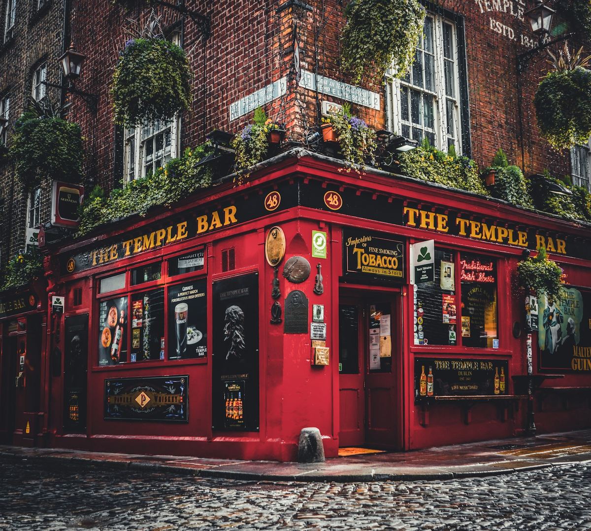 Red brick buildings and Temple Bar signage in Dublin