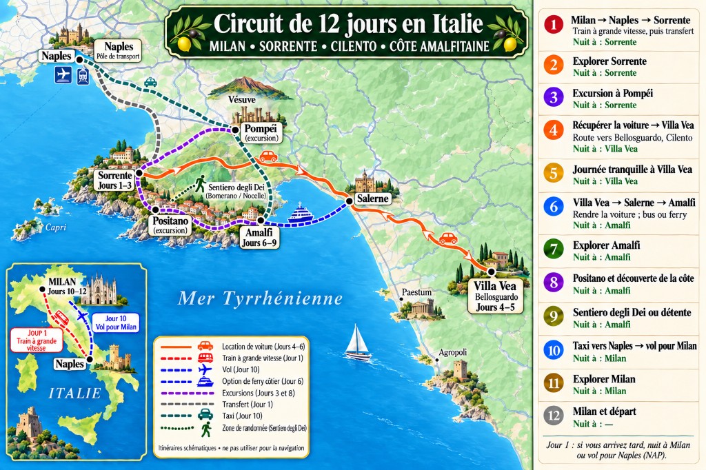 Carte illustrée de l’itinéraire de 12 jours en Italie : Milan, Sorrente, Pompéi, Villa Vea dans le Cilento, la Côte Amalfitaine et retour à Milan, avec un panneau jour par jour
