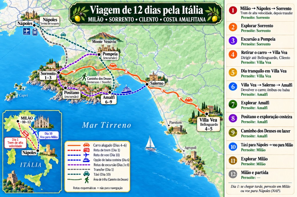 Mapa ilustrado do roteiro de 12 dias pela Itália de Milão a Sorrento, Pompeia, Villa Vea no Cilento, a Costa Amalfitana e de volta a Milão, com painel dia a dia