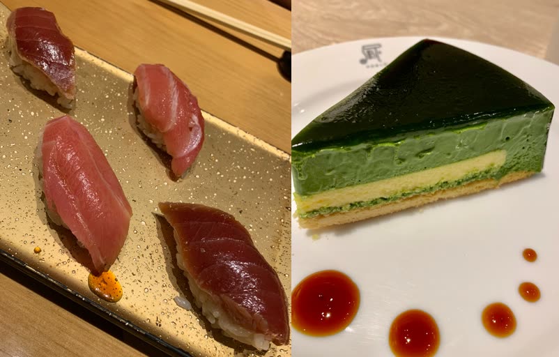 Tuna nigiri sushi on a gold plate and a slice of layered matcha cheesecake — a farewell meal in Tokyo