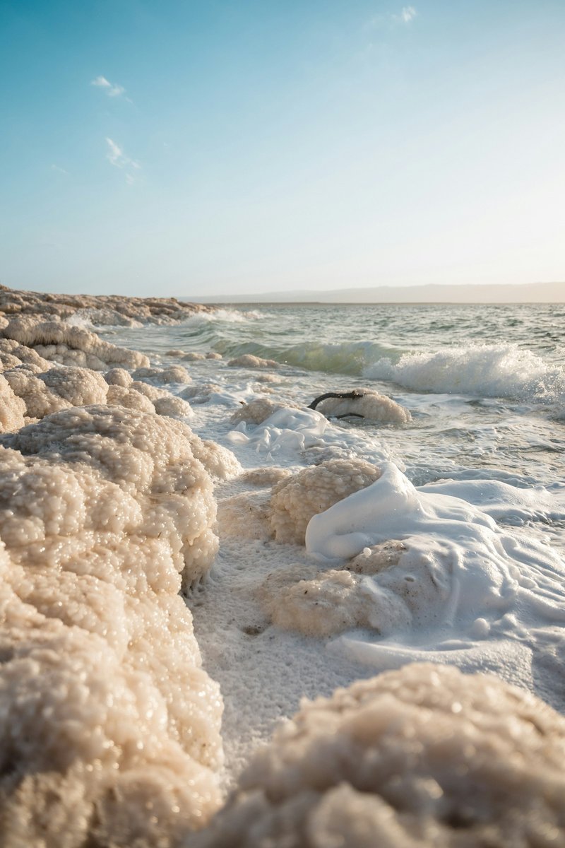 Salt formations along a pale shoreline beside the blue water of the Dead Sea