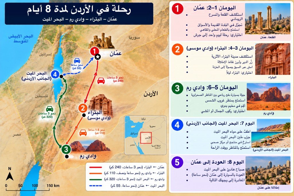 خريطة موضحة لرحلة 8 أيام في الأردن من عمّان جنوباً إلى البتراء ووادي رم ثم شمالاً إلى البحر الميت والعودة إلى عمّان، مع لوحة يوم بيوم