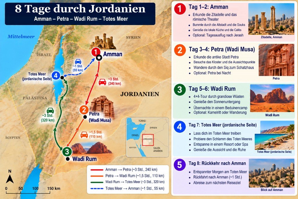 Illustrierte 8-Tage-Karte durch Jordanien: von Amman nach Süden nach Petra und Wadi Rum, dann nach Norden zum Toten Meer und zurück nach Amman, mit Tagesübersicht