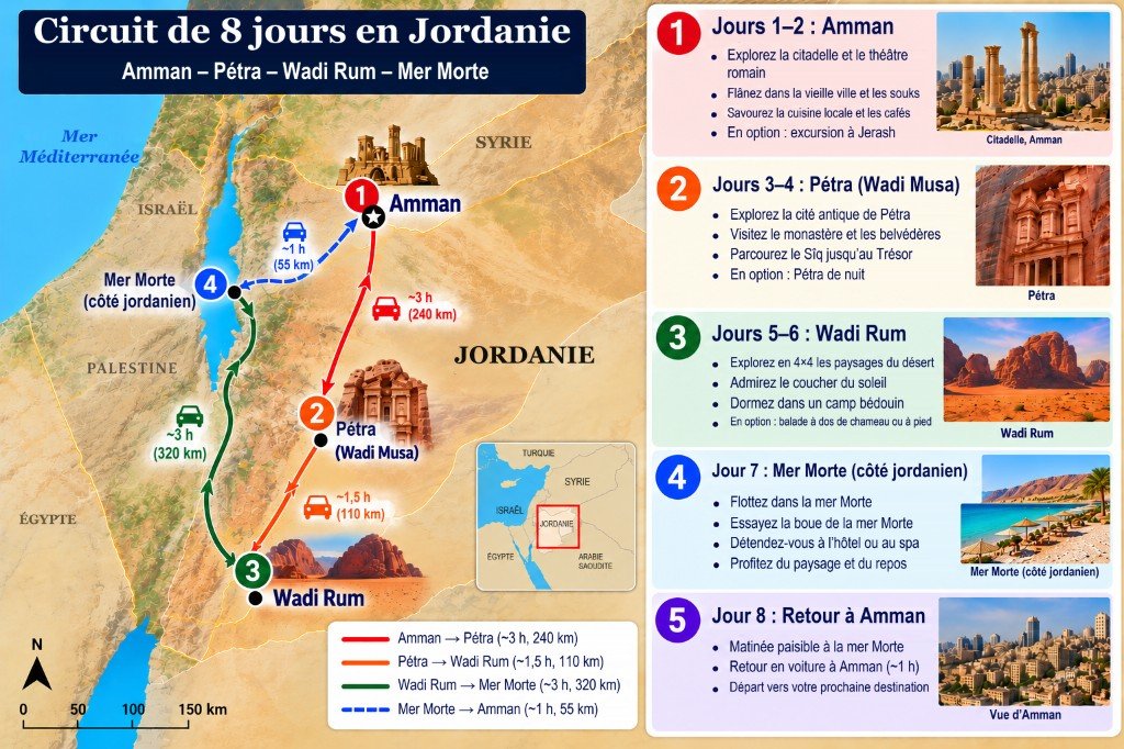 Carte illustrée d’un parcours de 8 jours en Jordanie, d’Amman vers le sud jusqu’à Pétra et Wadi Rum, puis vers le nord jusqu’à la mer Morte et le retour à Amman, avec un panneau jour par jour