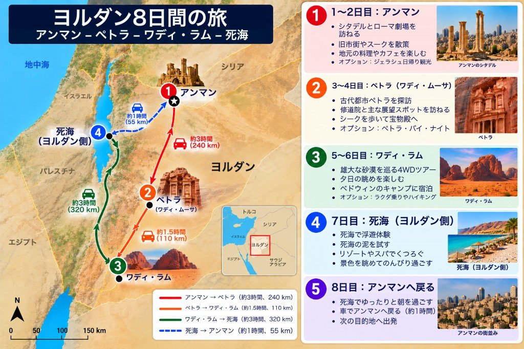 ヨルダン8日間の図示ルートマップ。アンマンから南へペトラとワディラム、北へ死海、再びアンマンへ。日ごとのパネル付き