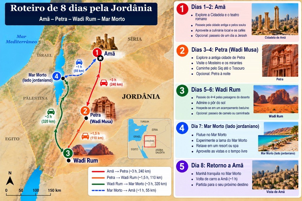 Mapa ilustrado de 8 dias na Jordânia: de Amã ao sul até Petra e Wadi Rum, depois ao norte até o mar Morto e de volta a Amã, com painel dia a dia