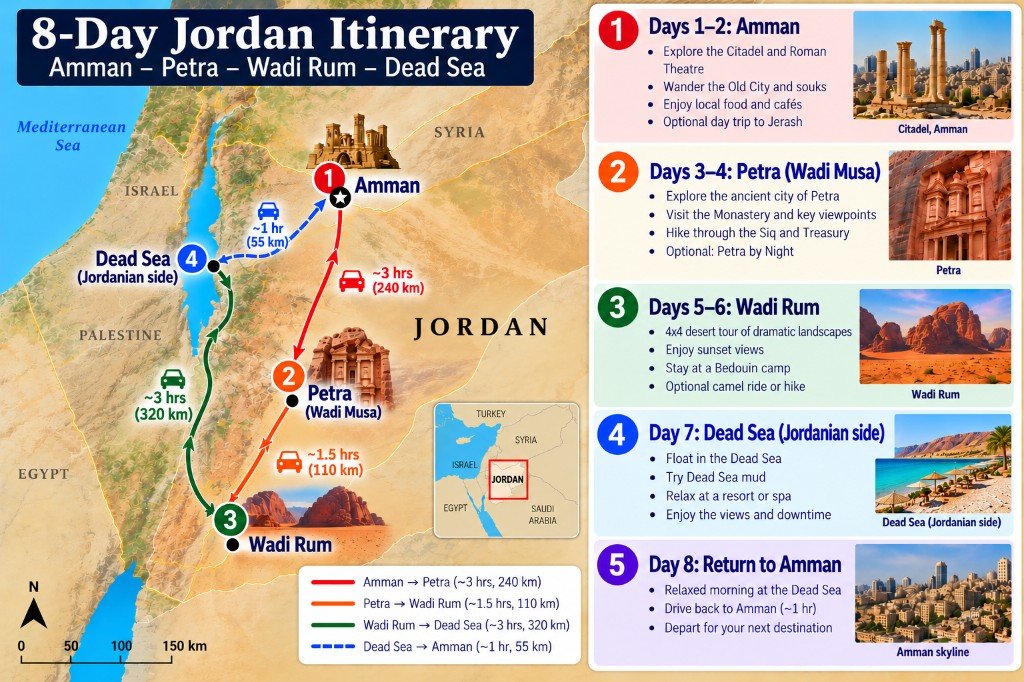 Illustrated 8-day Jordan route map from Amman south to Petra and Wadi Rum, then north to the Dead Sea and back to Amman, with a day-by-day itinerary panel