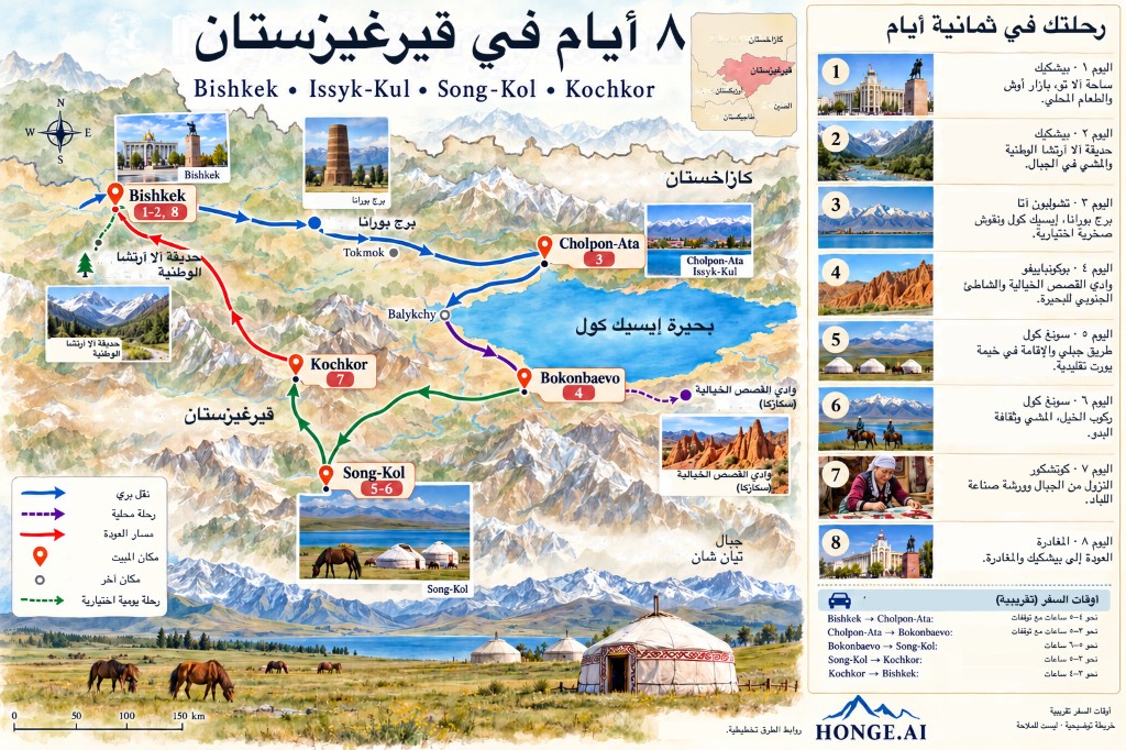 خريطة مرسومة لرحلة قيرغيزستان البرية لثمانية أيام من بيشكك إلى إيسيك كول وسونغ كول وكوتشكور، مع رحلة اختيارية إلى ألا-أرشا وخانق الحكايات ولوحة برنامج يوم بيوم