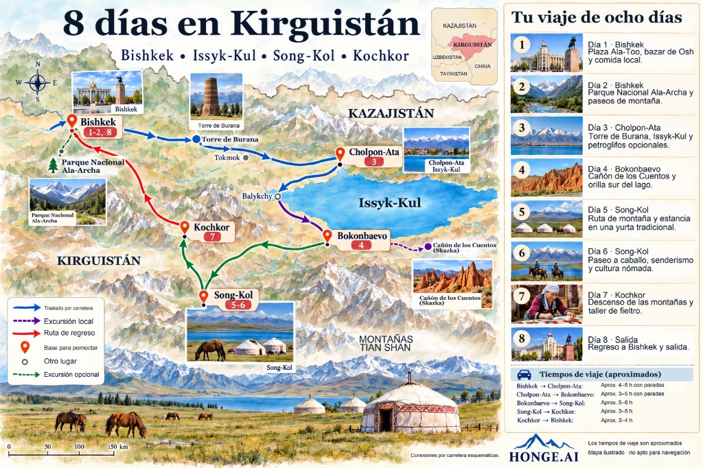 Mapa ilustrado del road trip de 8 días por Kirguistán desde Bishkek a Issyk-Kul, Song-Kol y Kochkor, con excursión opcional a Ala-Archa, Cañón de los Cuentos y panel día a día