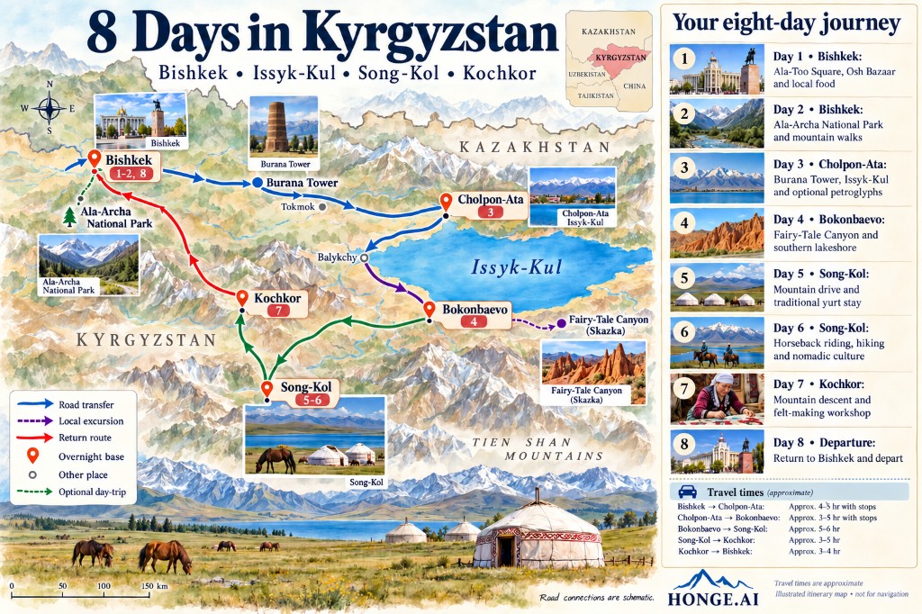 Illustrated 8-day Kyrgyzstan road-trip map from Bishkek to Issyk-Kul, Song-Kol and Kochkor, with optional Ala-Archa day trip, Fairy-Tale Canyon excursion and day-by-day itinerary panel