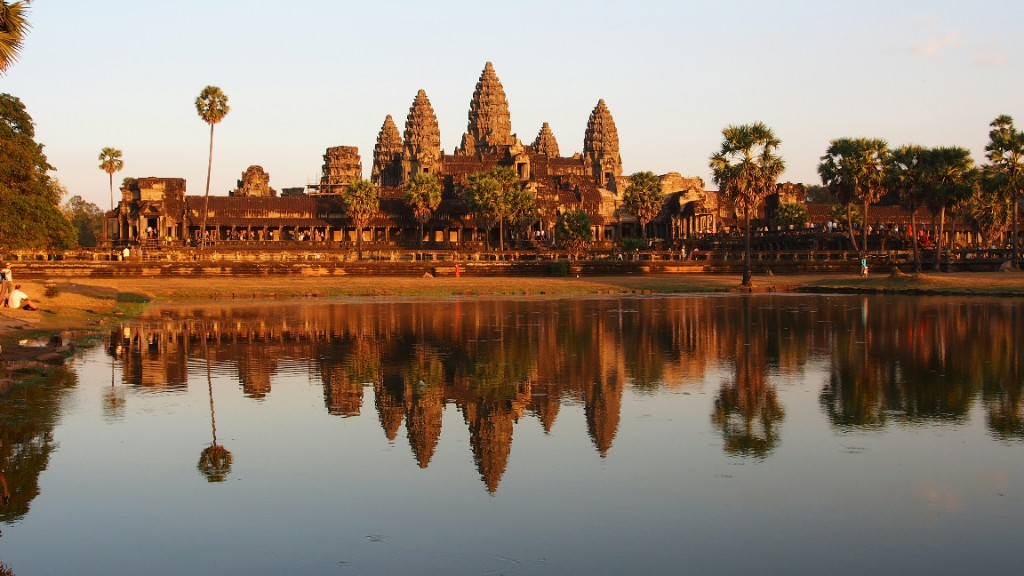 Angkor Wat reflected in still water at golden hour in Siem Reap, Cambodia