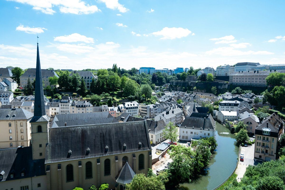 View over Luxembourg City, showing the Alzette River running through the lower town beside historic buildings