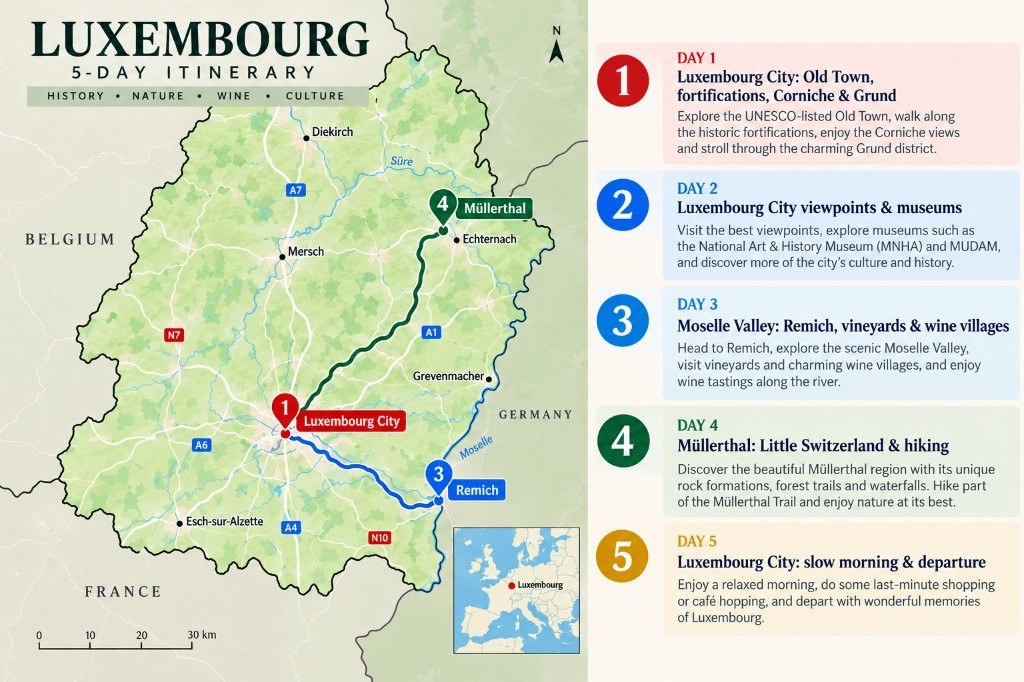 Illustrated 5-day Luxembourg itinerary map from Luxembourg City to Remich on the Moselle and Müllerthal