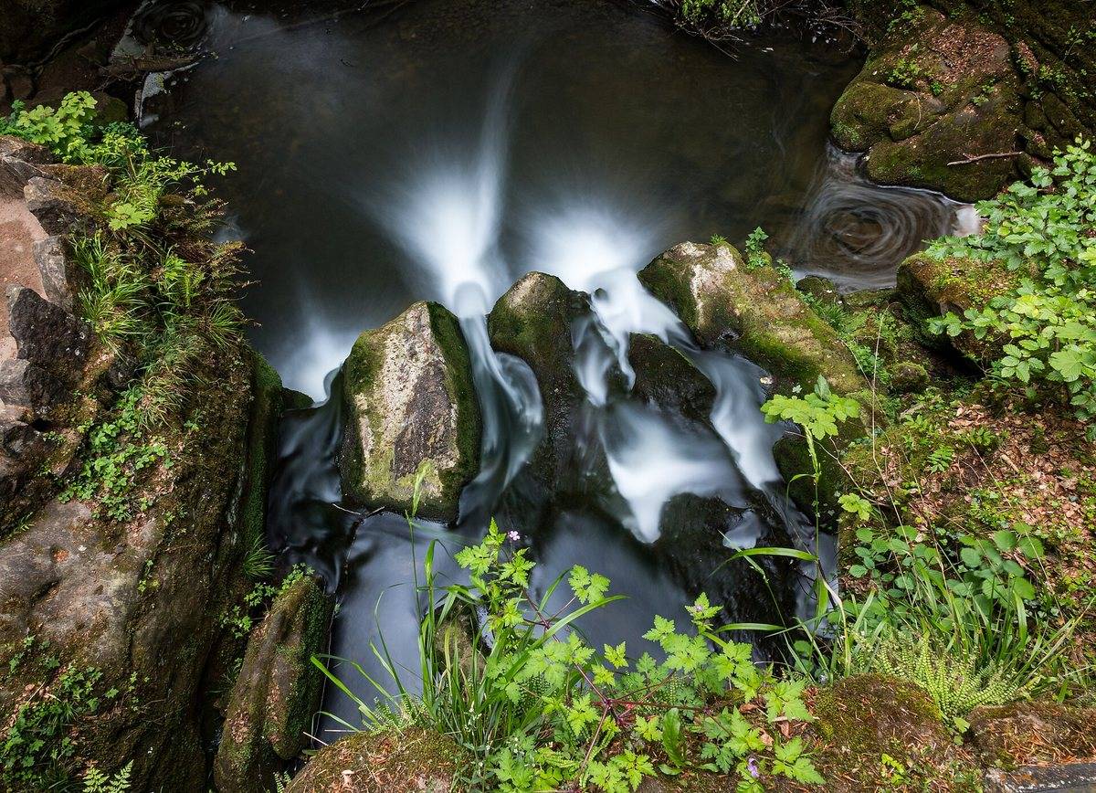 Schéissendëmpel waterfall in the Müllerthal region of Luxembourg, surrounded by moss-covered rocks and lush woodland