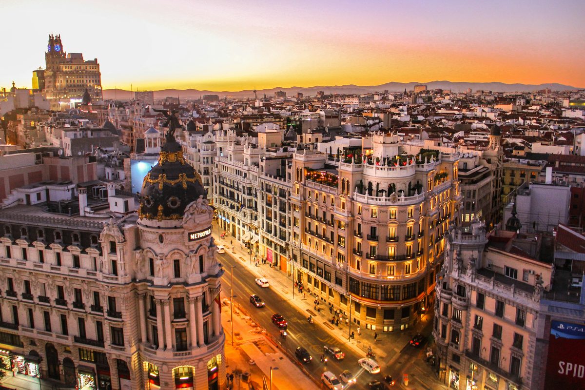 Gran Vía in Madrid with historic architecture and city lights