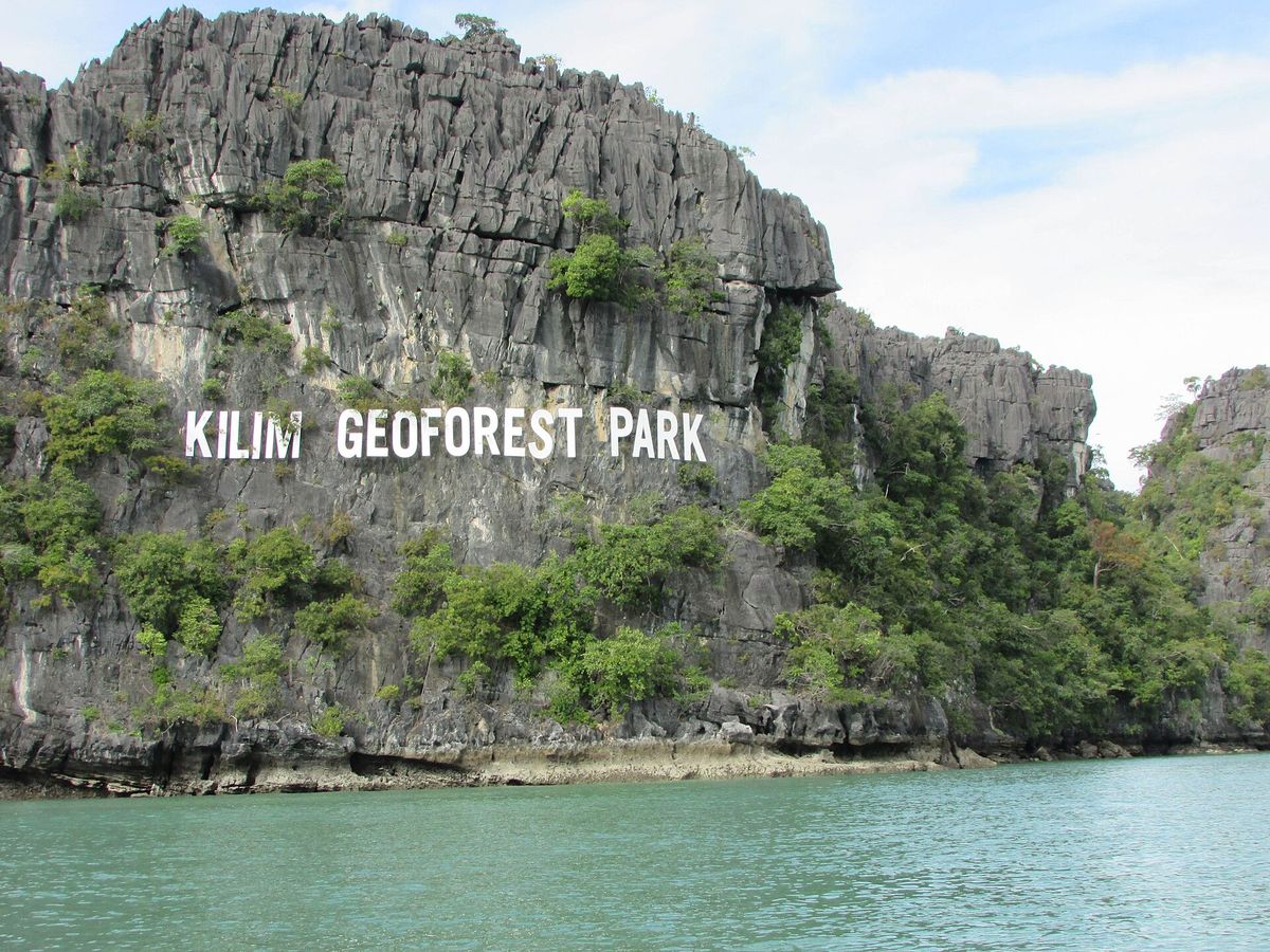 Limestone cliffs rising above the water at Kilim Geoforest Park in Langkawi