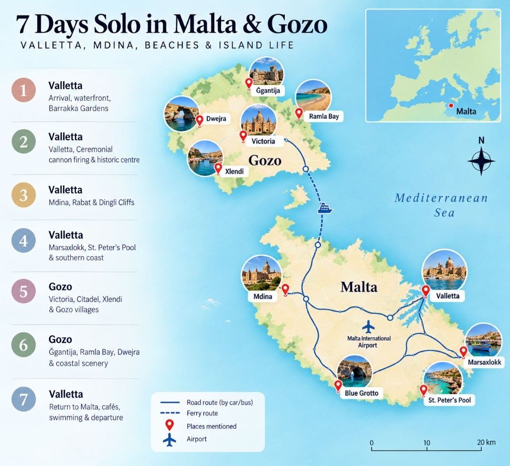 Illustrated 7-day Malta and Gozo itinerary map showing Valletta, Mdina, Marsaxlokk, St. Peter's Pool, Blue Grotto, the Gozo ferry, Victoria, Xlendi, Dwejra, Ġgantija and Ramla Bay