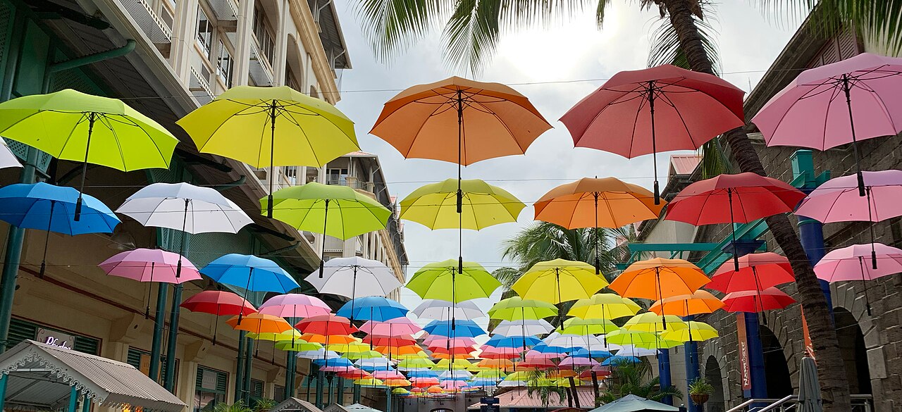 Colorful umbrella installation at Le Caudan Waterfront in Port Louis, Mauritius