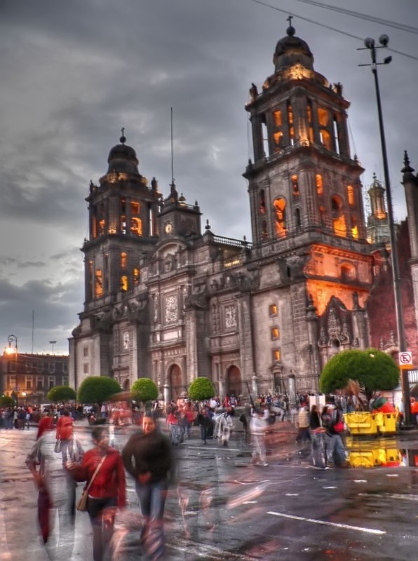 Mexico City Zócalo plaza with Metropolitan Cathedral at dusk