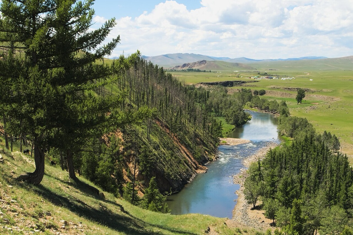 Rolling grasslands and volcanic hills along the Orkhon River Valley