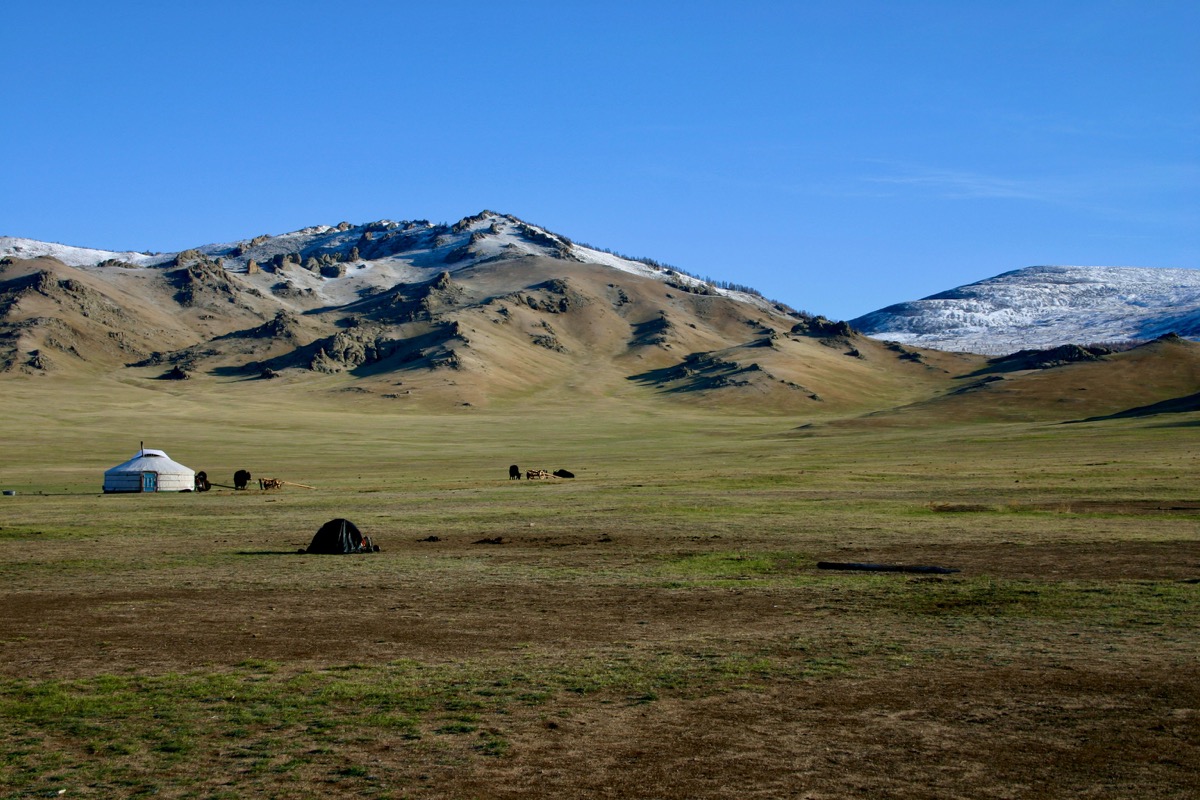 Horse rider crossing the vast Mongolian steppe under a blue sky