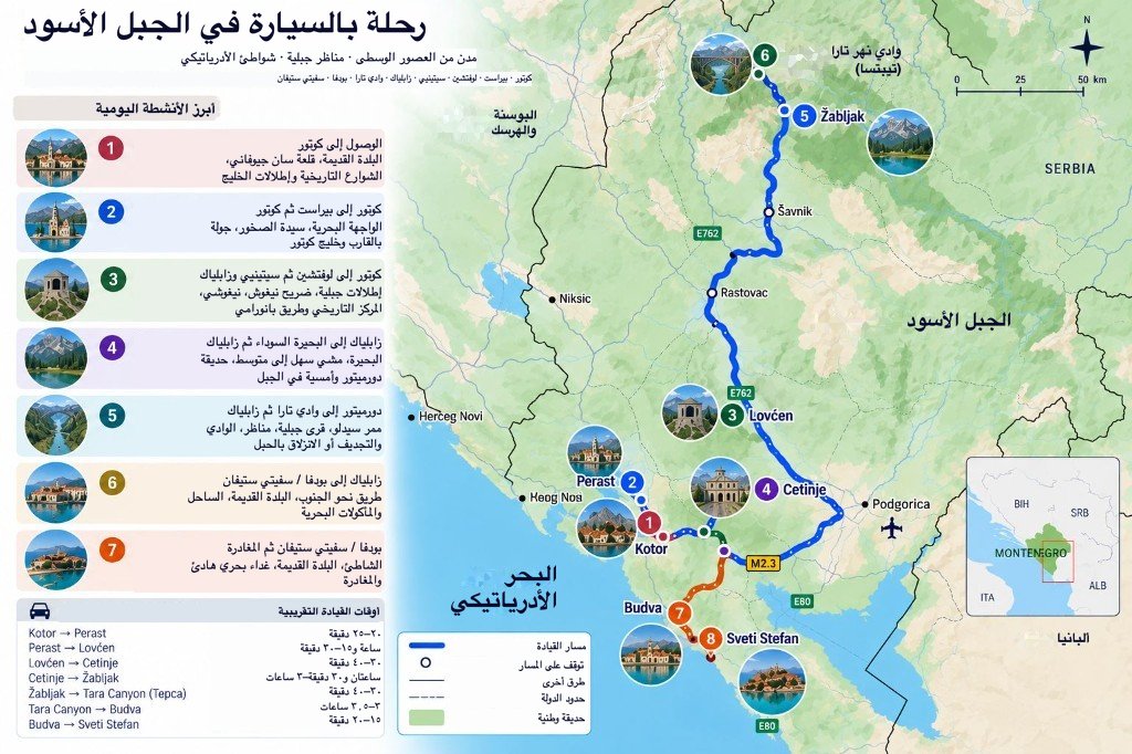 خريطة موضحة لرحلة برية لسبعة أيام في الجبل الأسود من كوتور وبيراست عبر لوفشين وتسيتينيه إلى جابلياك وخانق نهر تارا وبودفا وسفيتي ستيفان
