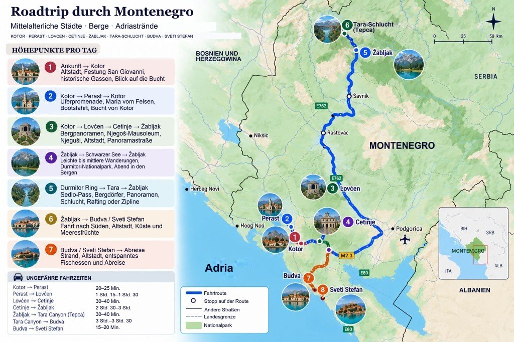 Illustrierte 7-Tage-Montenegro-Roadtrip-Karte von Kotor und Perast über Lovćen und Cetinje nach Žabljak, Tara-Canyon, Budva und Sveti Stefan