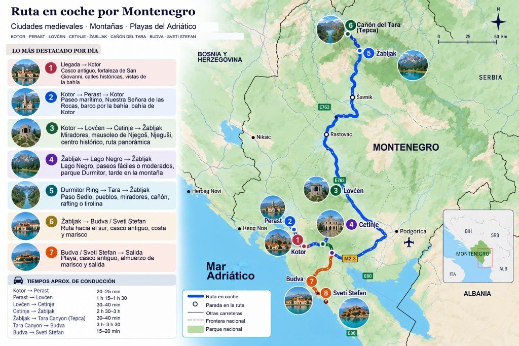 Mapa ilustrado del road trip de 7 días por Montenegro desde Kotor y Perast, pasando por Lovćen y Cetinje, hasta Žabljak, el cañón del río Tara, Budva y Sveti Stefan