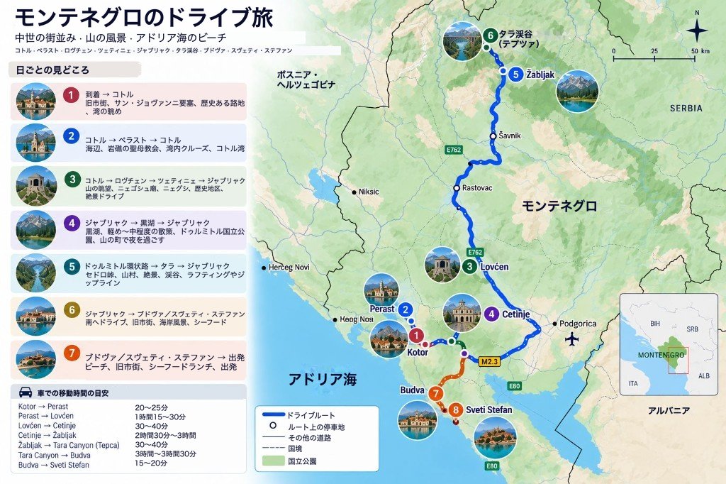 コトルとペラストからロヴチェン、ツェティニェ、ジャブリャク、タラ川渓谷、ブドヴァ、スヴェティ・ステファンまでの7日間モンテネグロ・ロードトリップ地図のイラスト