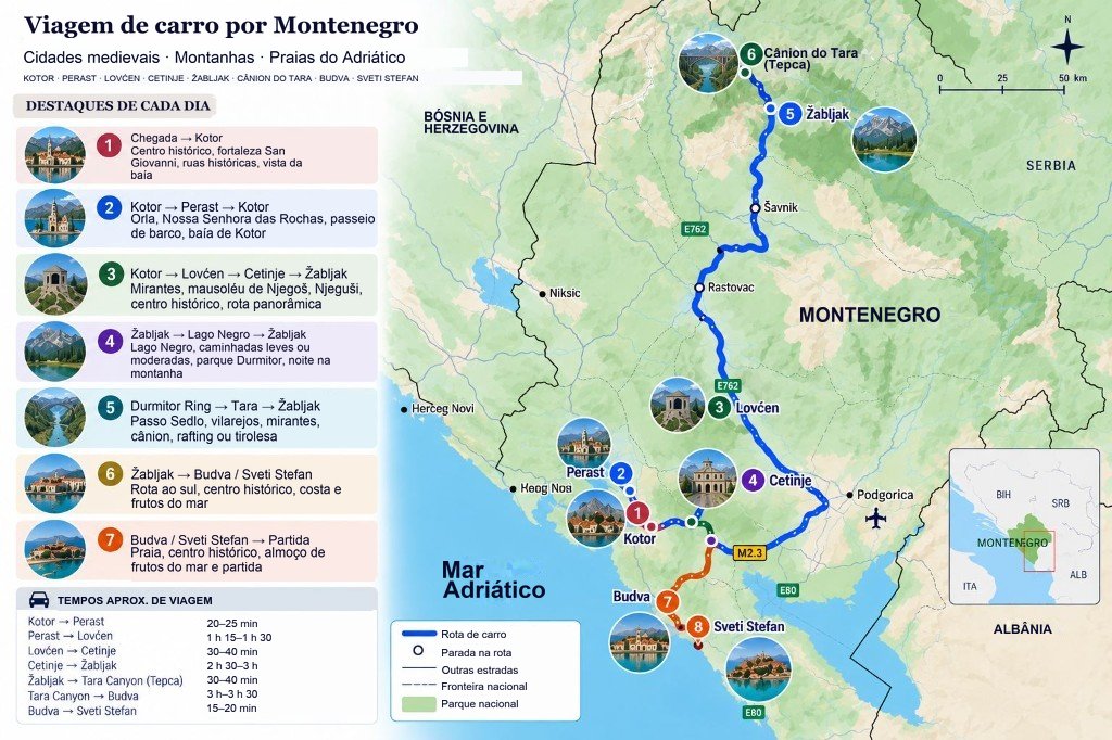 Mapa ilustrado do road trip de 7 dias em Montenegro, de Kotor e Perast por Lovćen e Cetinje até Žabljak, o Cânion do Rio Tara, Budva e Sveti Stefan