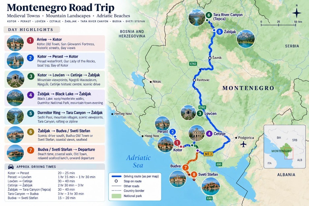 Illustrated 7-day Montenegro road trip map from Kotor and Perast through Lovćen and Cetinje to Žabljak, Tara River Canyon, Budva and Sveti Stefan