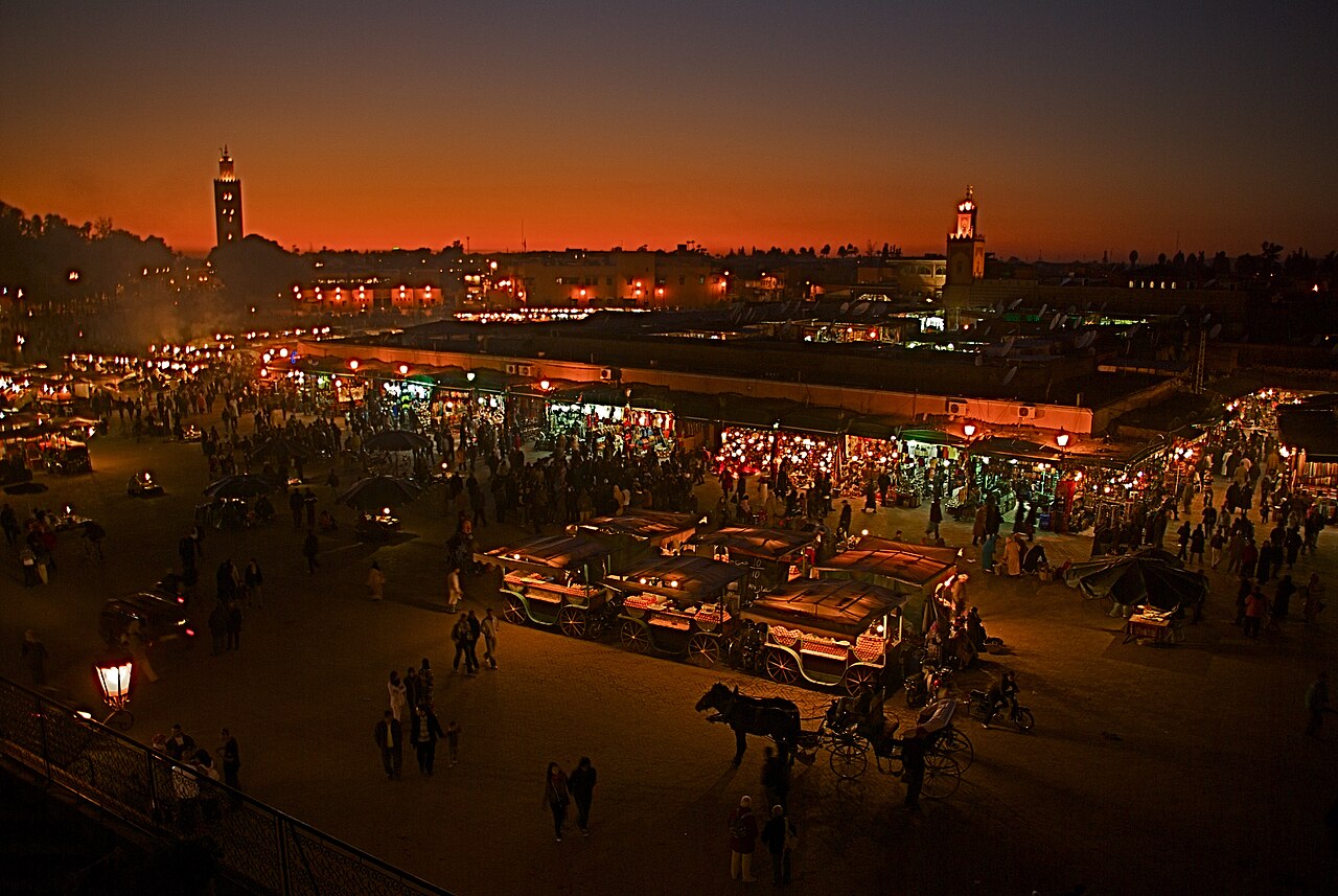 Jemaa el-Fnaa square at night in Marrakech, Morocco