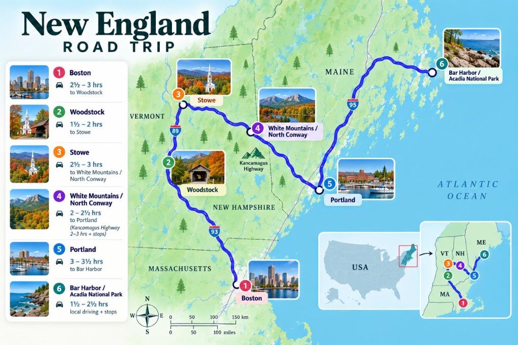 Illustrated 7-day New England fall road trip map from Boston through Woodstock, Stowe, the White Mountains, Portland and Bar Harbor / Acadia National Park