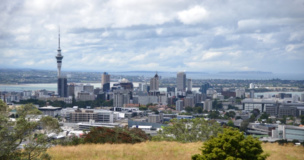 Auckland city skyline with Sky Tower and Waitematā Harbour from an elevated viewpoint