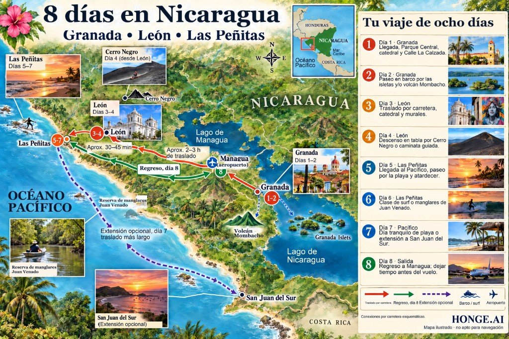 Mapa ilustrado de la ruta de 8 días por Nicaragua desde el aeropuerto de Managua a Granada y León, luego al oeste hasta Las Peñitas en el Pacífico con extensión opcional a San Juan del Sur antes de volver a Managua, con panel día a día