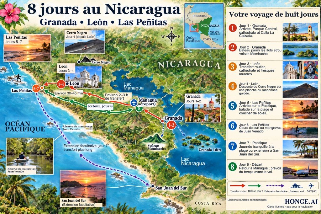 Carte illustrée du parcours Nicaragua en 8 jours, de l’aéroport de Managua à Granada et León, puis vers l’ouest jusqu’à Las Peñitas sur le Pacifique avec extension facultative à San Juan del Sur avant le retour à Managua, avec panneau d’itinéraire jour par jour