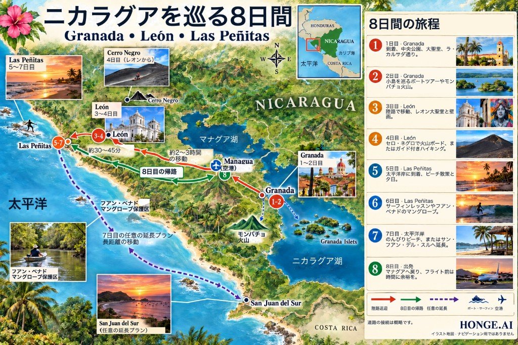 ニカラグア8日間の図示ルートマップ。マナグア空港からグラナダとレオンへ、西は太平洋のラス・ペニタスへ。サン・フアン・デル・スルへの任意延長の後マナグアへ戻る。日ごとの旅程パネル付き