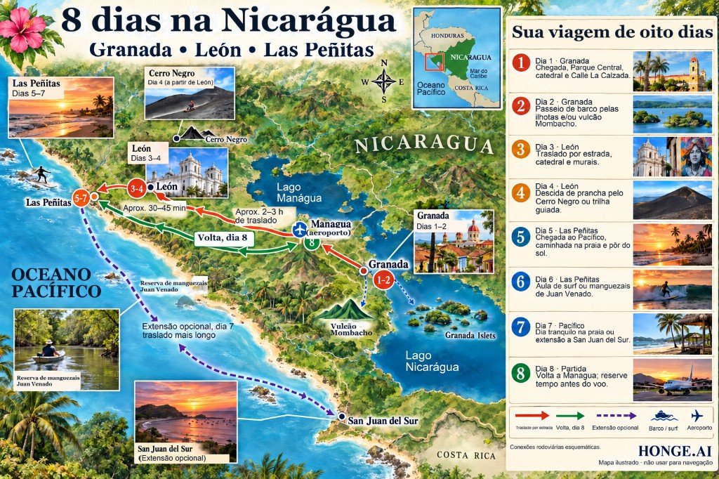 Mapa ilustrado do roteiro de 8 dias na Nicarágua do aeroporto de Manágua a Granada e León, depois a oeste até Las Peñitas no Pacífico com extensão opcional a San Juan del Sur antes de voltar a Manágua, com painel dia a dia