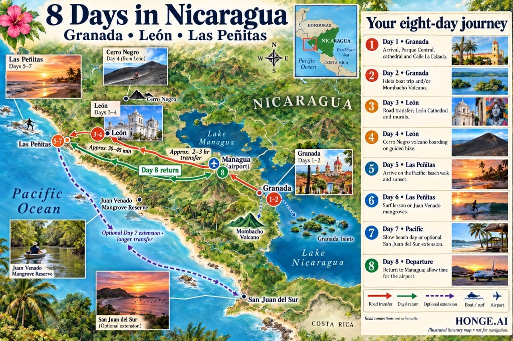 Illustrated 8-day Nicaragua route map from Managua airport to Granada and León, then west to Las Peñitas on the Pacific with an optional San Juan del Sur extension before returning to Managua, with a day-by-day itinerary panel