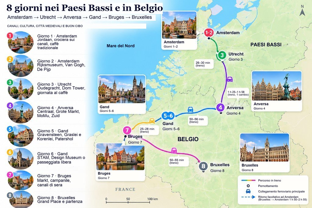 Mappa illustrata del percorso di 8 giorni nei Paesi Bassi e Belgio da Amsterdam a Utrecht, Anversa, Gand, Bruges e Bruxelles, con pannello giorno per giorno