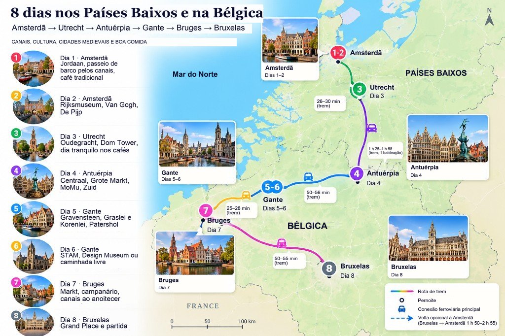 Mapa ilustrado do roteiro de 8 dias pela Holanda e Bélgica de Amsterdã a Utrecht, Antuérpia, Gand, Bruges e Bruxelas, com painel dia a dia