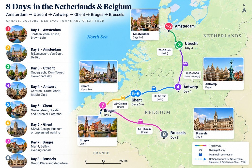 Illustrated 8-day Netherlands and Belgium route map from Amsterdam to Utrecht, Antwerp, Ghent, Bruges and Brussels, with a day-by-day itinerary panel