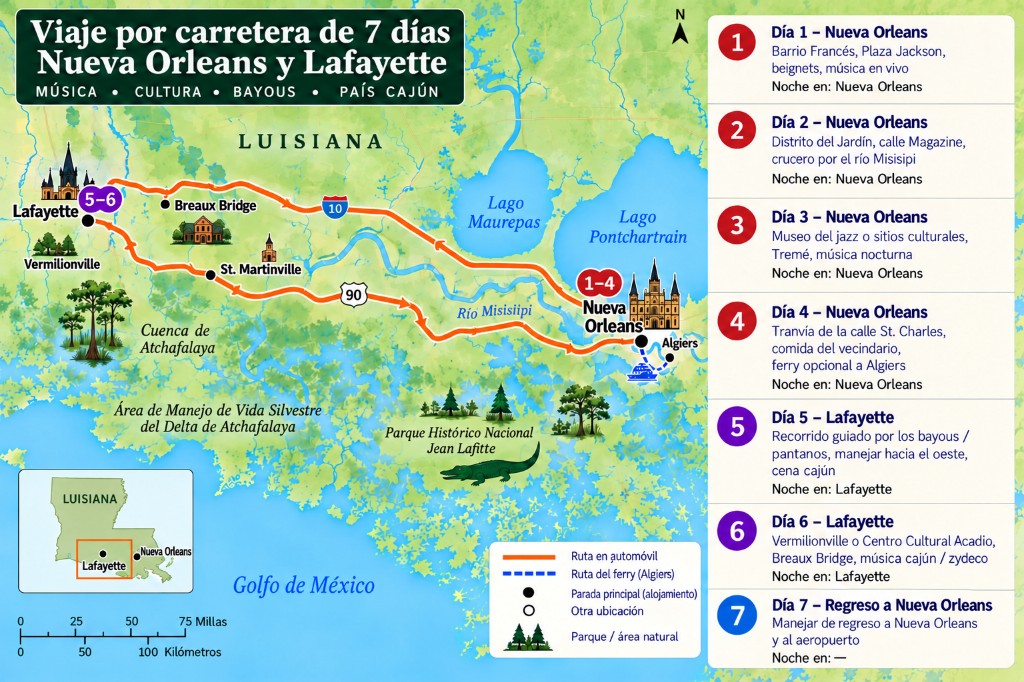 Mapa ilustrado del viaje de 7 días por Nueva Orleans y Lafayette con panel día a día, bucle I-10 y Highway 90, ferry de Algiers y paradas en los bayous
