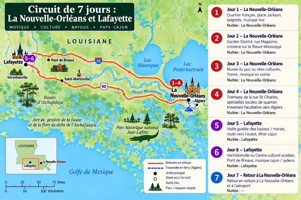 Carte illustrée du circuit de 7 jours La Nouvelle-Orléans–Lafayette avec panneau jour par jour, boucle I-10 et Highway 90, ferry d’Algiers et arrêts bayou
