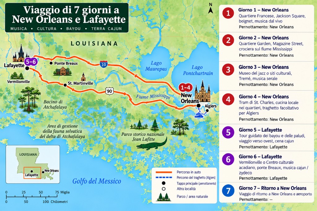 Mappa illustrata del viaggio di 7 giorni a New Orleans e Lafayette con pannello giorno per giorno, anello I-10 e Highway 90, traghetto di Algiers e tappe nei bayou